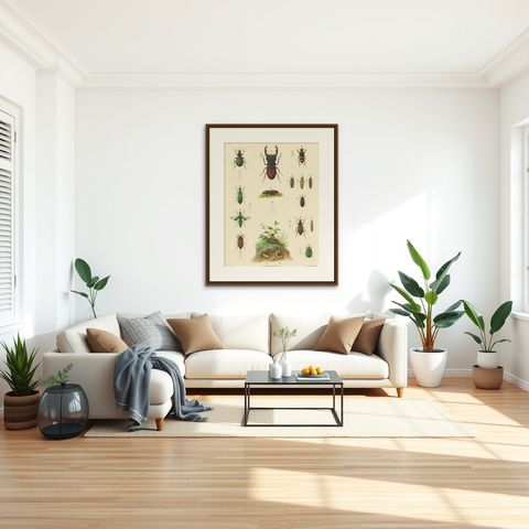 Large Antique Educational Poster of European Beetles and Larvae, c.1880, shown framed in a room