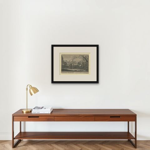 Antique Horse Print of 'Gallop' by J.E. Ridinger, 1722, shown framed on a wall