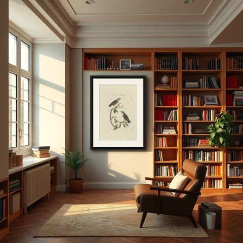 Antique Bird Print of the Eurasian Nuthatch by Sepp & Nozeman, 1829, shown framed in a room