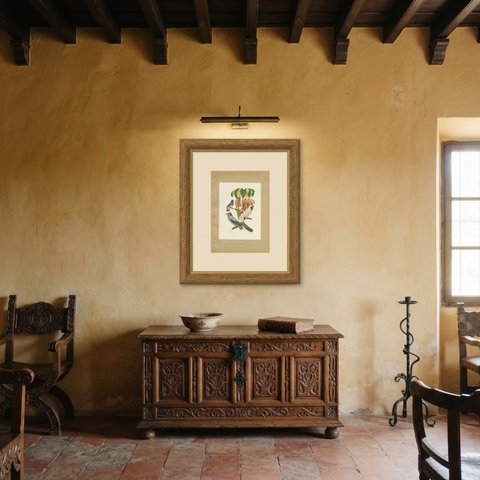 Cotingas and Tanagers on a Cecropia, Brazilian Bird Print, Descourtilz, 1944, shown framed in a room