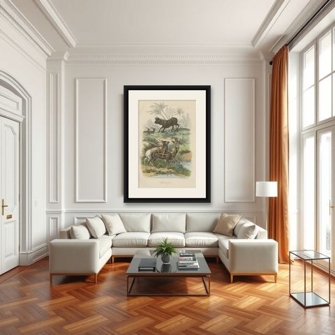 Antique Print of Antelopes, 1854, shown framed in a room