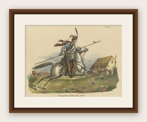 Antique Hand Colored Print of a Tartar Horse, shown framed
