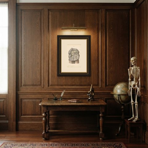 Nerves of the Mesentery and Intestine, Antique Hirschfeld Anatomy Print, 1866, shown framed in a room