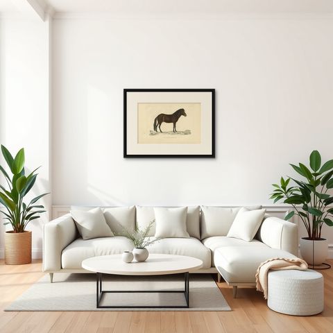 Rare Antique Print of the Icelandic Horse, 1842, shown framed in a room
