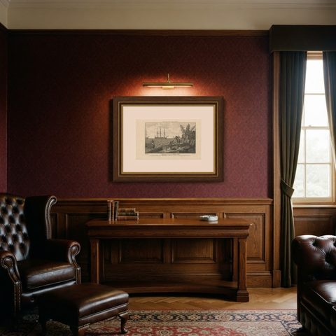 Moskito Men Reunion, Juan Fernandez Island, Dampier Voyage Engraving, ca.1789, shown framed in a room