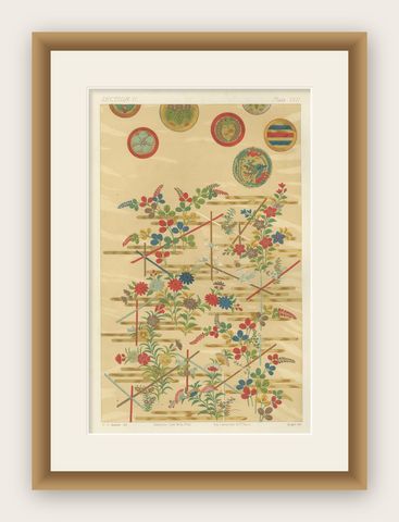 Japanese Floral Motifs on Golden Background: Antique Lithograph, 1880s, shown framed