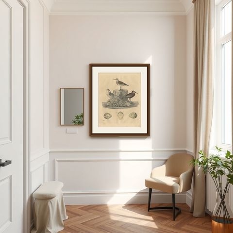Antique Bird Print of Sanderlings, 1847, shown framed in a room