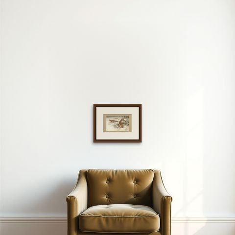Common Fox in Winter Landscape, Antique Animal Chromolithograph, 1894, shown framed on a wall
