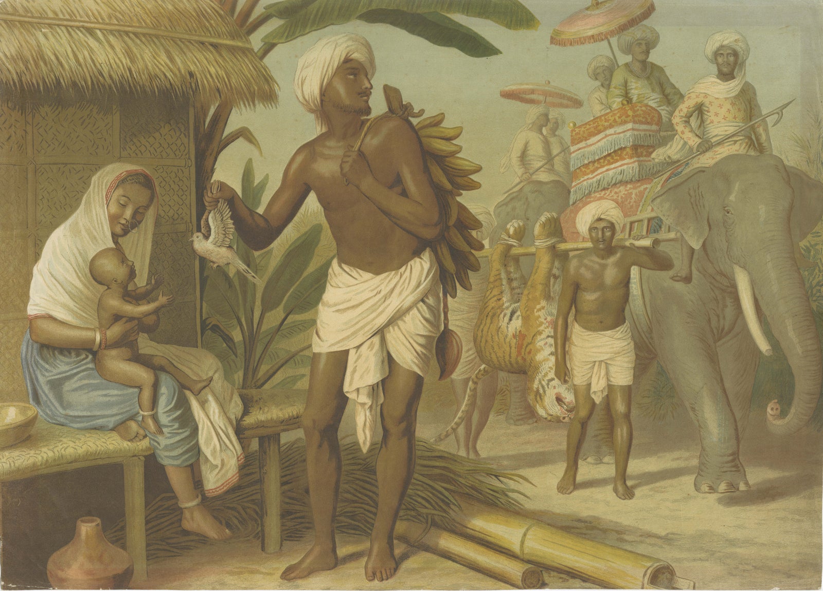 Large Antique Chromolithograph, India Tiger Hunt Scene, Leutemann, ca. 1890