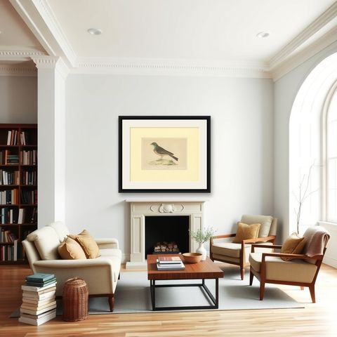 Antique Bird Print of Ortolan, shown framed in a room