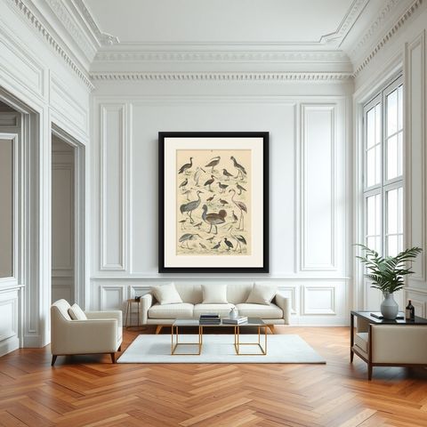 Wading Birds & Cranes Print: Flamingo, Stork, Ibis, Bustard, Antique 1867, shown framed in a room