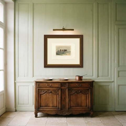 Norman Cow, Antique French Cattle Print after Melin, 1873, shown framed in a room