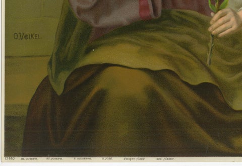 St Joseph and Child Jesus with Lily, Antique German Chromolithograph c.1900, close-up 3