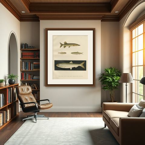 Scandinavian Fish Lithograph: Herring, Sprat, Müller’s Pearlside and Pike, 1895, shown framed in a room