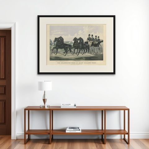 Antique Horse Print of the 'Four in Hand' Stallion Team, 1875, shown framed on a wall