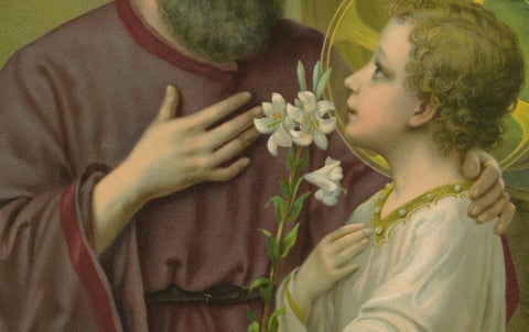 St Joseph and Child Jesus with Lily, Antique German Chromolithograph c.1900, close-up 2
