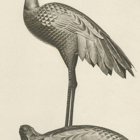 Elegant Cranes on Ornamental Base, Heliographic Japanese Art by Audsley, 1884, close-up 6