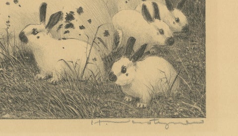English Spot Rabbits, Wildlife Lithograph by Henri Verstijnen, c.1925, close-up 3
