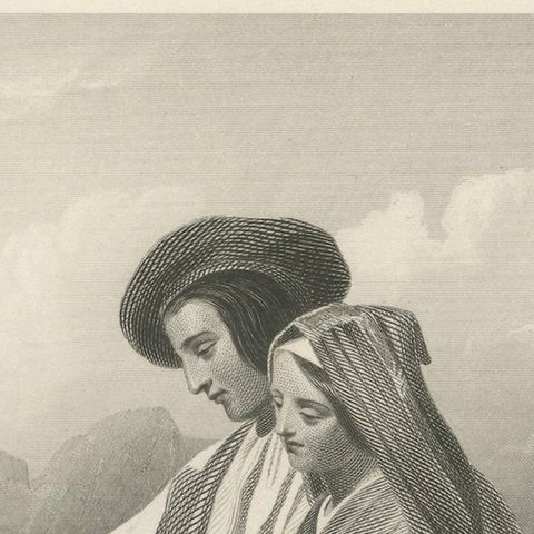 Pyrenean Peasant Couple with Dog, Romantic 19th C. Engraving c.1840, close-up 5