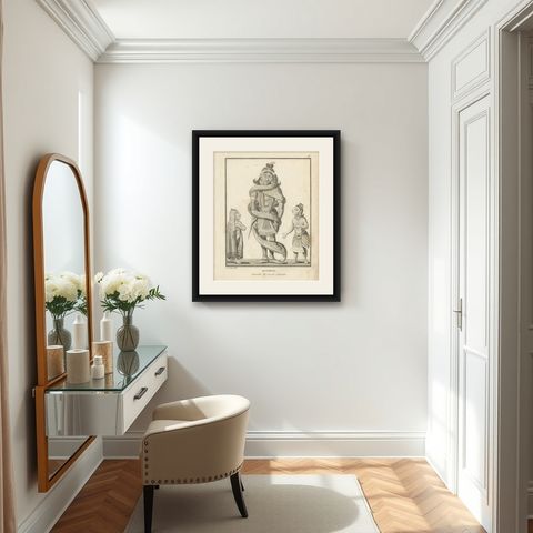 1806 French Print of Quichena: Serpent-Wrapped Deity - Hindu Engraving, shown framed in a room
