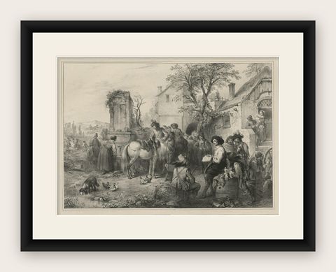 Old Print of Wouwerman and the Study of Horses, 1842, shown framed