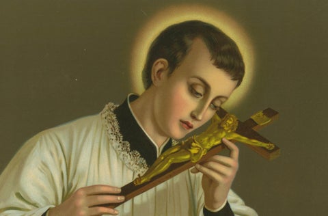 St. Aloysius Gonzaga, Chromolithograph with Crown, Skull and Crucifix, 1899, close-up 1