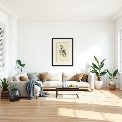 Antique Bird Print of the Black-Breasted Sunbird by Gould, circa 1850, shown framed in a room
