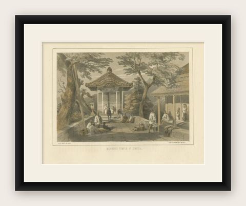 Antique Print of the Mariners Temple in Shimoda by Hawks, 1856, shown framed