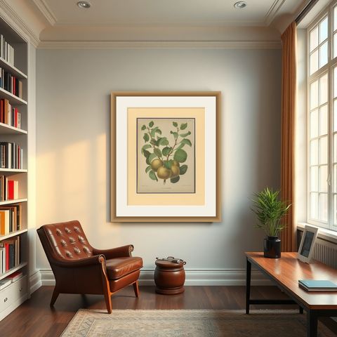 Golden Pear Cluster, Botanical Print, Dutch, ca. 1870 Chromolitho, shown framed in a room