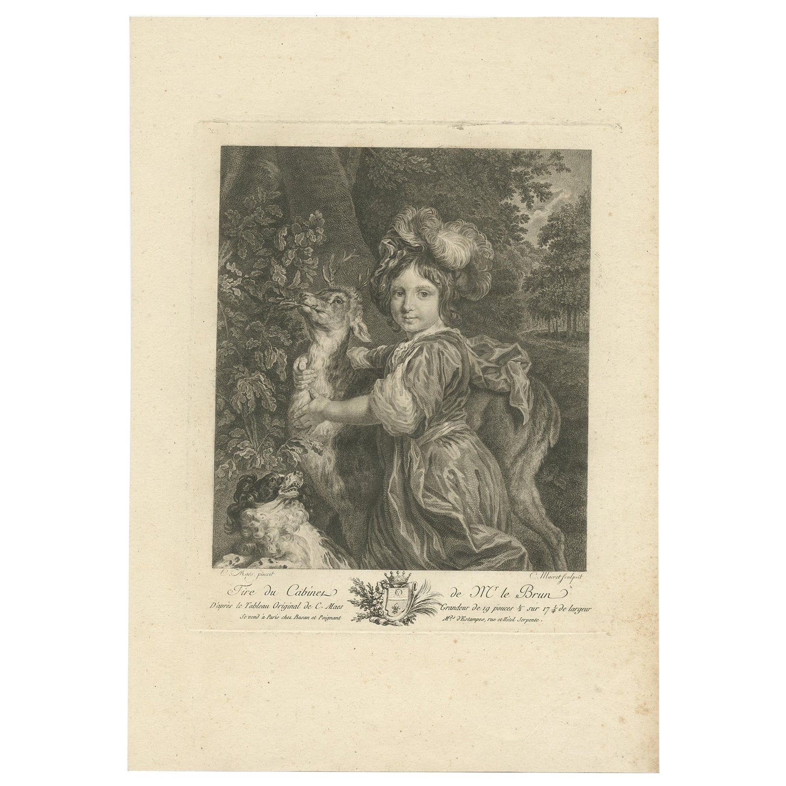 Antique Print of a Child, Deer and a Dog by Le Brun 1792