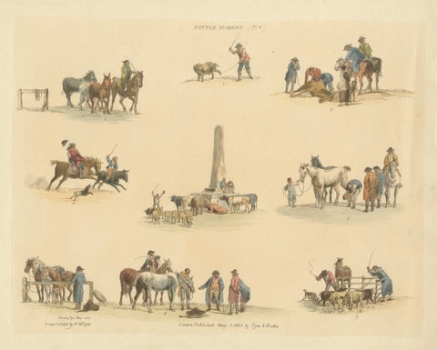 Cattle Market Rural Scenes, Hand-Colored Etching by W.H. Pyne, London 1803