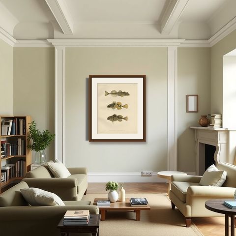 Fourhorn Sculpin and Long-Spined Bullhead - Intricate Scandinavian Fish Litho, shown framed in a room