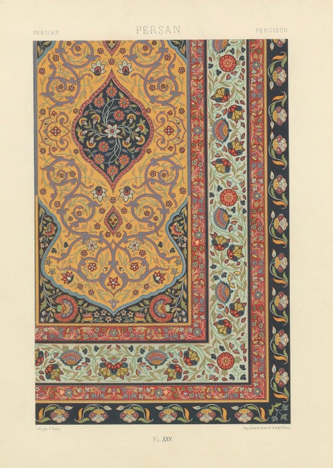 Persian Carpet Border Print, Antique Lithograph of Floral Rug Ornament, c.1869, close-up 5