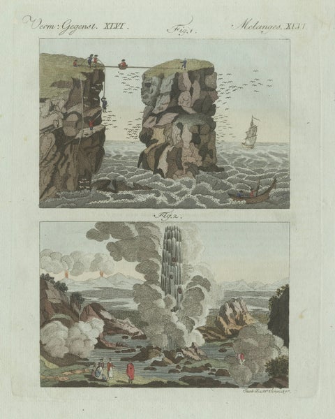 Original Antique Print of Iceland Geyser, Hekla and Orkney Bird Catchers, 1802, close-up 4