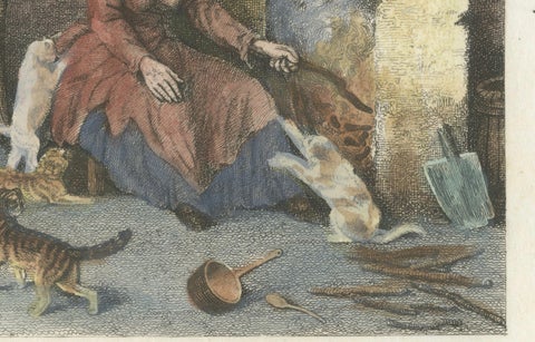 The Old Woman and Her Cats, 1809 Hand-Colored Etching by Edward Orme, close-up 1