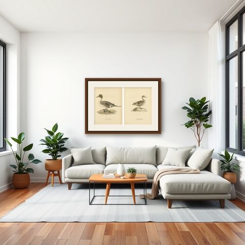 1929 Swedish Pintail Lithographs, Nordic Natural History Pair, shown framed in a room