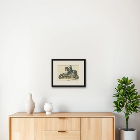 Antique Print of a Spanish Horse, shown framed on a wall