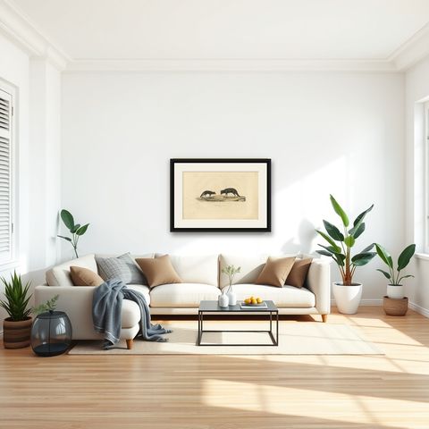 Rare Hand-Colored Engraving of An Artic Fox in Summer Coat, 1842, shown framed in a room