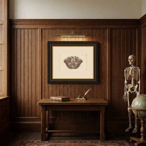 Nerves of the Male Perineum, Antique Hirschfeld Anatomy Print, 1866, shown framed in a room