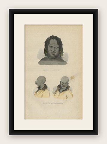Antique Print of Natives from Jervis and Kangaroo Island by H. Berghaus, 1855, shown framed