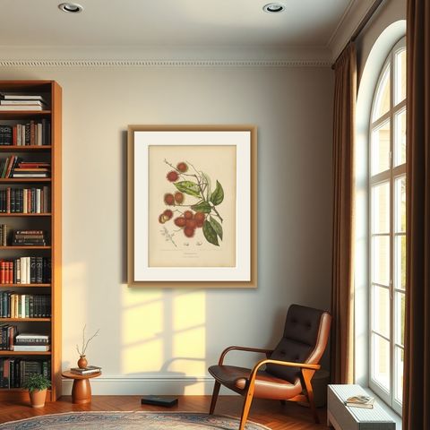 Original Antique Rambutan Botanical Chromolithograph by Hoola van Nooten, c.1880, shown framed in a room