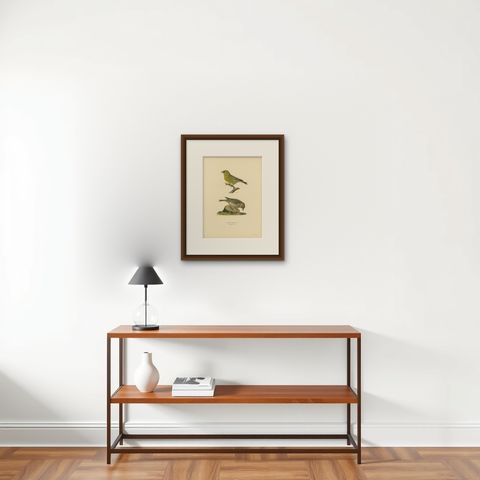 European Greenfinch Pair, Swedish Bird Lithograph, Male & Female, 1929, shown framed on a wall