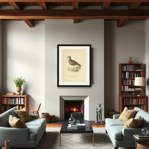 Antique Bird Print of the Eurasian Dotterel by Von Wright, 1929, shown framed in a room