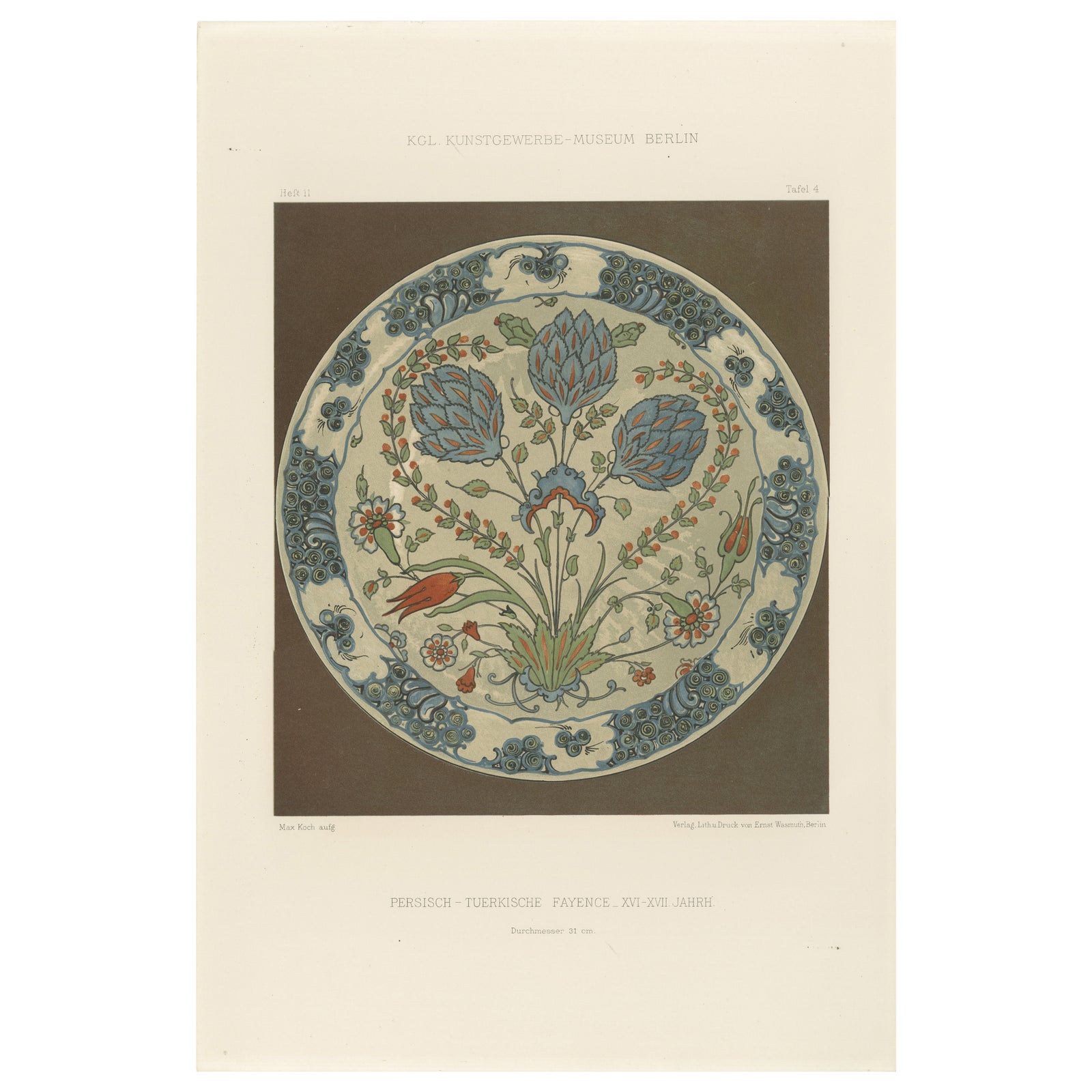 Persian-Turkish Faience Plate with Tulip and Artichoke Motif, J.Lessing, 1890