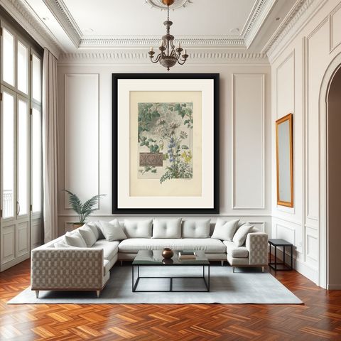 Floral Harmony in Art Nouveau: A Botanical Composition by Henry Lambert, 1896, shown framed in a room