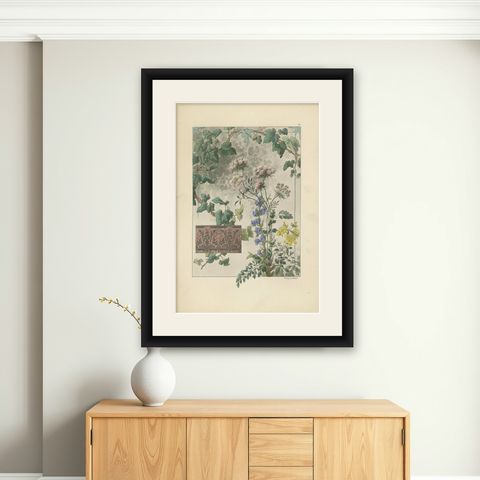 Floral Harmony in Art Nouveau: A Botanical Composition by Henry Lambert, 1896, shown framed on a wall