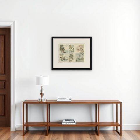 Antique Japanese Bird and Landscape Print: Six Panels of Nature’s Harmony, 1882, shown framed on a wall