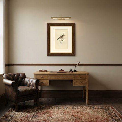 Aquatic Warbler on a Reed Stem, Antique Hand Colored Morris Plate, 1896, shown framed in a room