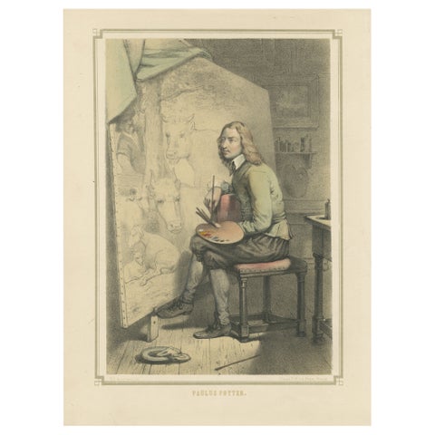Paulus Potter, Dutch Animal Painter at Work, Hand-Colored Lithograph, ca.1850