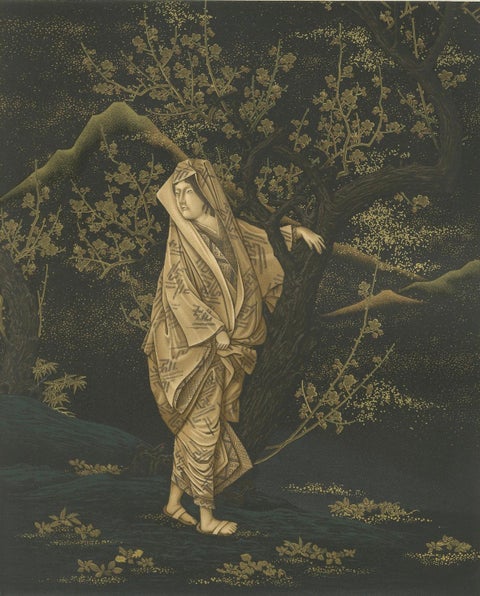 Japanese Woman in Plum Blossom Grove: Antique Lithograph, 1880s, close-up 4